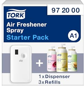 Tork Starter Pack pour Spray Désodorisant - 972000 - A1 - Distributeur + Recharges d'Aérosol Désodorisant (3 x 75 mL)