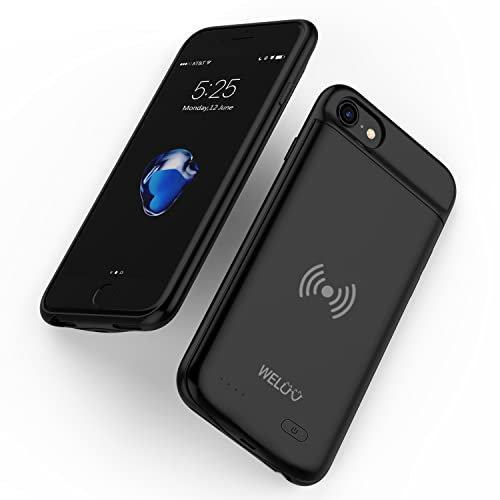 WELUV Qi Wireless Battery Case for iPhone 6 6s 7 8 SE2 SE3 - 3200mAh Ultra Slim Charger With External Emergency Backup - Protective Cover for Travel - Black