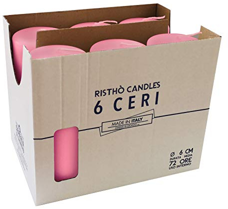 Risthò Confezione da 6 candele-Diametro 6 cm Altezza 15 cm-Colore bebé-Durata 72 Ore-Cereria Di Giorgio Paquete de 6 Velas Altura Duración Horas, Cera de parafina, Rosa Bebè