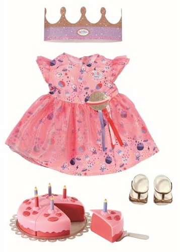 BABY Born Deluxe Happy Birthday Set 43 cm, Geburtstags-Set für Puppen mit rosa Puppenkleid und Schuhen, inklusive Krone und Torte mit 6 Kuchenstücken, 830789 Zapf Creation