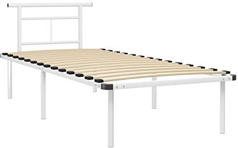 Tidyard Bettgestell Bett Metallbett Schlafzimmerbett Einzelbett Bettrahmen Ehebett Lattenrost Metallbettrahmen Schlafzimmermöbel Weiß Metall 90x200cm