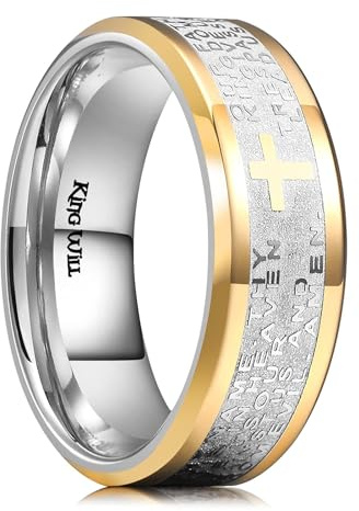 King Will 8mm Lord's Prayer Cross Ring Stainless Steel Ring Gold Silver Wedding Band Bible Engraved Rings High Polished 10