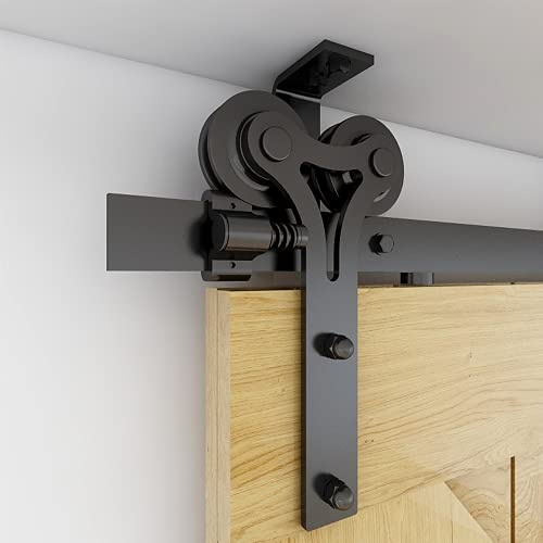 CCJH 4FT/122cm Schiebetürbeschlag Set Schiebetürsystem Deckenmontage Klammern Schwarz komplettes Set mit Y Form Laufrollen und Hängeschiene