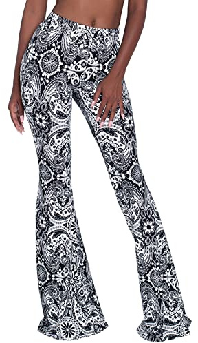 Nuofengkudu Mujer Pantalones Campana Hippie Estampados Largos Elastico Tiro Alto Pantalón Leggins Acampanados Pantalon Comodo Casual Fiesta Ropa Negro 2XL