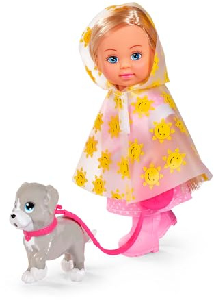 Simba 105733592 - Evi Love Rainy Walk, Puppe im Regenoutfit mit Regencape und Gummistiefeln, mit süßem Hund und Hundeleine, 12cm Spielpuppe, ab 3 Jahren