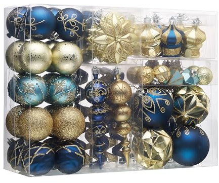 Valery Madelyn Christmas Tree Decorations Ornaments Set, 108ct Blue and Gold Shatterproof Ball Ornaments Bulk, Luxury Peacock Hanging Decor for Xmas Holiday Party