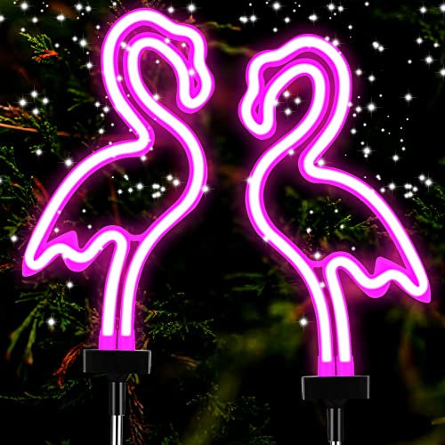 2 Pack Flamingo Solar Lights Outdoor Flamingo Neon Light Yard Flamingos Pink Flamingo Waterproof Decorations Flamingo Lights for Garden Patio Yard Pathway Decoration