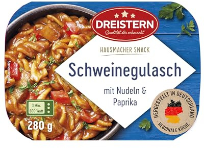 DREISTERN Schweinegulasch 280g I Mit Nudeln & Paprika I Herzhaftes Fertiggericht in Mikrowellenschale I Lange Haltbarkeit dank natürlicher Konservierung I Hausmacher Qualität
