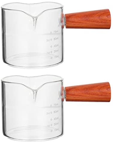 ULTECHNOVO 2Pcs Double Spout Espresso Shot Glass Coffee Measuring Cups with Wood Handle Coffee Creamer for Espresso Coffee Tea 75Ml