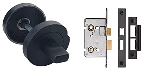 Golden Grace Toilet Door Thumb Turn & Release with 64mm Mortise Lock, Black | Includes spindle, screws, and 64mm mortise lock with a 50mm concealed rose backplate in a matt black finish.
