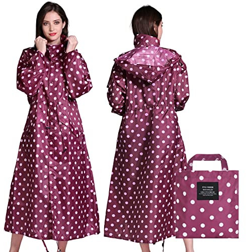 LAMA Stylish Long Raincoat Unisex Rain Poncho with Waterproof Flap Pocket Hood Drawstring Adult RainClothing RainCape Rain Jacket Rain Coat, Pink dots XL