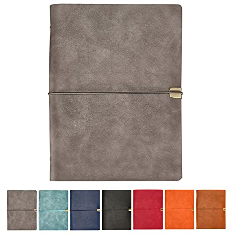 B5 Leder Notizbuch, 26,8 x 20,5 cm, 200 Seiten nachfüllbar Vintage Reisetagebuch Notizblock Tagebuch, mit Liniengummiband, Geschenk zum Geburtstag Jahrestag Damen Herren Pad Notes Persönlich (Grau)