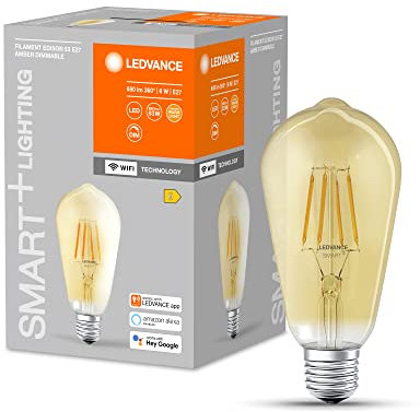LEDVANCE Smarte LED-Lampe mit WiFi Technologie in Gold Edison Form, Sockel E27, Dimmbar,Warmweiß (2400K), ersetzt Glühlampen mit 53 W, SMART+ WiFi Classic Dimmable, 1er-Pack