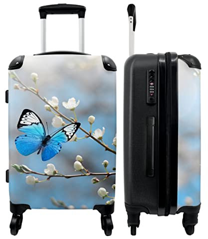NoBoringSuitcases.com® Koffer groß Trolley Rollkoffer Reisekoffer mit 4 Rollen Fotokoffer - Blumen - Schmetterling - Blau - Blüte - Weiß - 67x43x25cm - 90 Liter