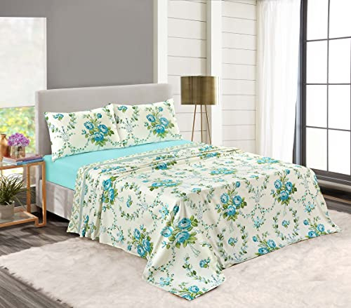 HOMES-LINEN Olivia Flannelette Sheet Set Include Fitted Sheet Flat Sheet And Pillowcase Floral Thermal 100% Brushed Cotton (Double, Teal)