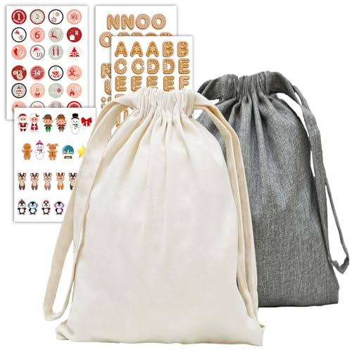 DuneDesign 2er Set Geschenkbeutel Weihnachten - 100 Aufkleber - 32x32 Leinen Look Stoffbeutel Weihnachten Groß - Weihnachtssäcke zum Befüllen - Geschenkbeutel Säckchen Geschenkbeutel Weihnachten Stoff