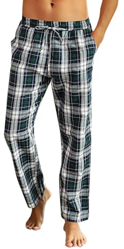 Litherday Pantalon de Pyjama Homme Bas de Pyjama à Carreaux 100% Coton Longue Cofortable Respirant Décontracté Doux,Bleu + Vert + Blanc,L-2