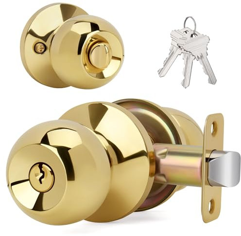 LOQRON Bouton de porte en forme de boule avec clés et serrure, poignée de porte d'entrée à clé ronde pour portes d'entrée/d'entrée, finition laiton poli