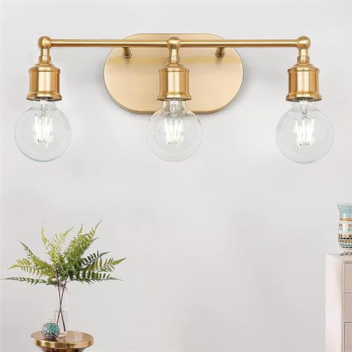 Mengjay Aplique Espejo Baño Vintage con 3 Luces,Lámpara de Pared Industria Vintage,E27 Aplique de Pared Interior Metal,Luz de Pared para Dormitorio Salon Pasillo Baño (Oro)