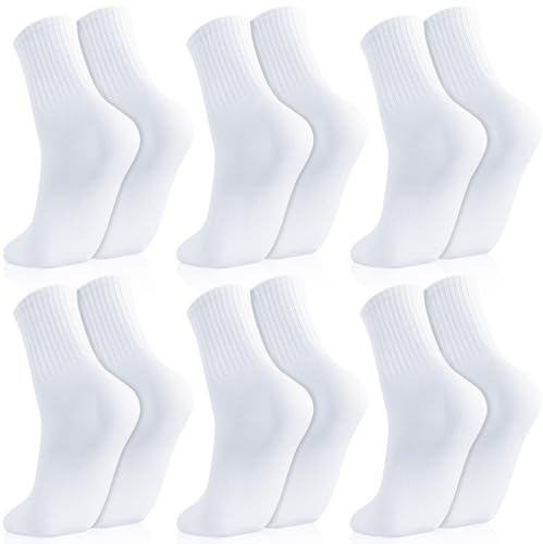 taonganui 6 Paare Socken Damen Weiß Tennissocken Sportsocken | 36-40 Lange Baumwolle Socks Atmungsaktiv Weiße Crew Socken für Frauen Damen Herren