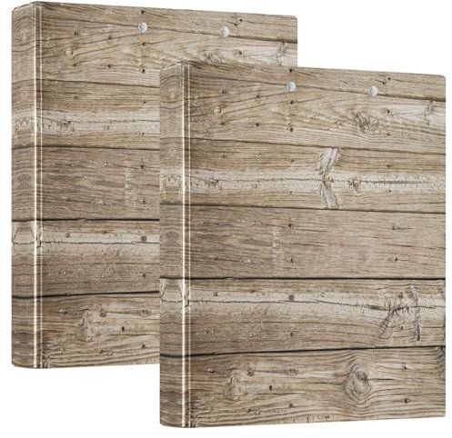 Quteprint Ringbuch mit 3 Ringen, rustikales Holz, 3,8 cm, runder Ringordner mit 3 transparenten Innentaschen, Ordner-Organizer mit Klemmbrett für Büro, Zuhause, Schule, hält 200 Blatt, 2 Packungen