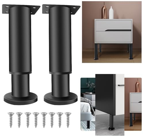 SZQIUNUBI 2 Pièces Pied Reglable pour Meuble Metallique Pieds de Table Basse Metal Noir Pieds pour Meuble de Salle de Bain Pieds de Meuble de Salle de Bain Réglable pour Canapé, Lit, Armoire（18-30cm）