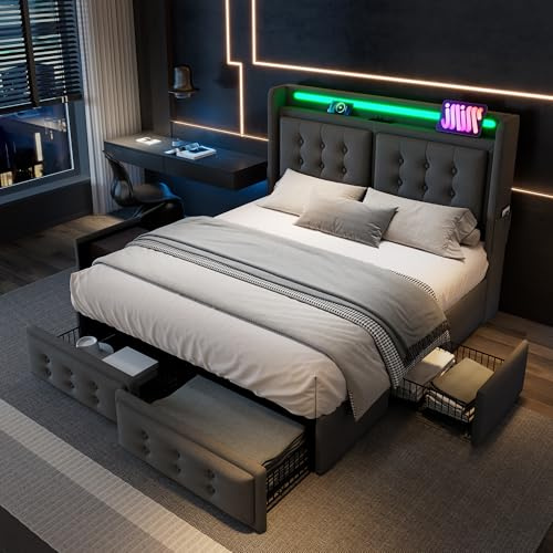Ymkua Polsterbett Doppelbett Bett 140x200 cm mit LED-Kopfteil, Jugendbett mit 4 Stauraum Schubladen und USB-Typ-C Ladefunktion, Stauraumbett Bettgestell mit Lattenrost, Grau, Baumwolle, Ohne Matratze