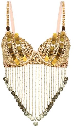 Oyolan Femme Soutien Gorge Danse du Ventre Frangé Haut Danse Orientale Paillette Brillant Costume Danseuse Or Taille Unique