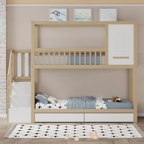 Moimhear Letto a castello per bambini 90x200 cm, letto matrimoniale in legno massiccio, a forma di casa con finestre, con cassetti portaoggetti e scala di sicurezza (Legno + bianco)