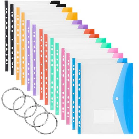 14 Pack Plastic Wallets A4 Punched Pockets, Expandable Folders Document Files with Button,Tab Card, and 4 Binders for School, Office, Home, Travel（7 Colors）