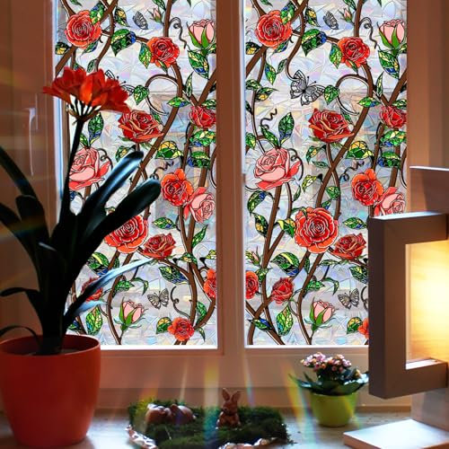 Tanlaby Rote Rose Fensterfolie Selbsthaftend, Bunt Sichtschutzfolie Fenster Pflanzen Blumen Fensteraufkleber Sommer Anti-Kollision Statische Folie Glas Aufkleber Dekofolie, 45 x 100 cm