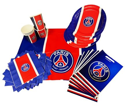 Kit fête PSG - 39 pièces 6 assiettes 6 gobelets 20 serviettes 6 sacs 1 nappe - Collection officielle PARIS SAINT GERMAIN