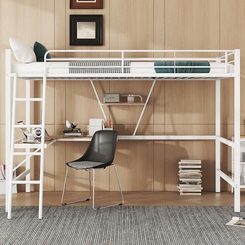 Moimhear Cama alta, 90 x 200 cm, estructura de metal, cama alta con escritorio en forma de L y estante para niños, adolescentes y adultos, sin colchón (blanco)