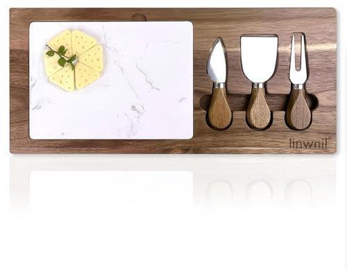 Käsebrett aus Akazienholz und Marmor, 43,2 x 19,6 cm, mit Werkzeugen, Charcuteriebrettern, Servierplatten und Tabletts aus Holz
