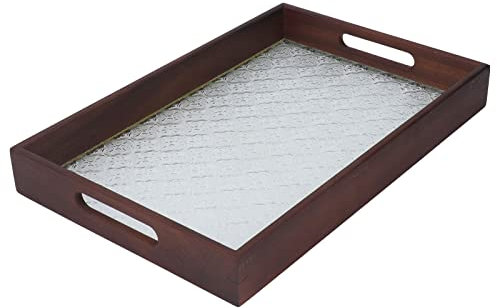 Plateau Rectangulaire, Assiette de Service avec côté du Bois, Base en Verre, Vintage, Tablette de Petit-déjeuner, Comprimés de Décoration pour la Maison de thé et à la Maison 38