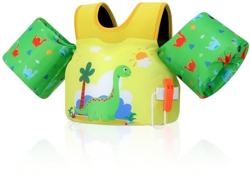 MoKo Gilet da Nuoto per Bambini, Galleggianti a Braccio per Bambini 20-50 libbre, Giubbotto Nuoto con Fischio d'Emergenza, Accessori per l'Allenamento di Nuoto per Piscina, Dinosauro Verde Giallastro