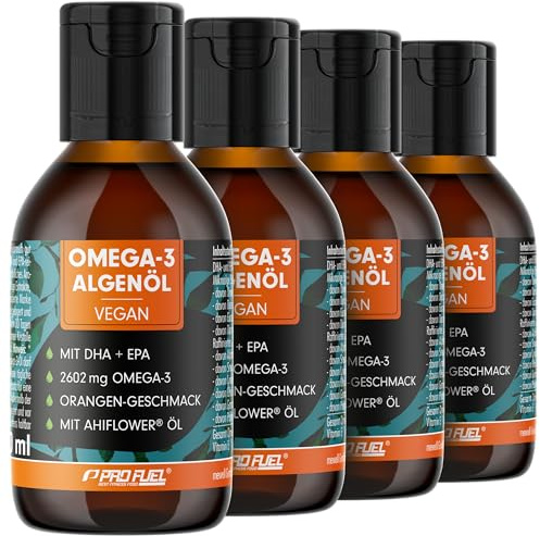 Omega-3 Algenöl 400 ml - hochdosiert mit 3665 mg Algenöl, davon 1203 mg DHA & 667 mg EPA - veganes Omega-3 Öl + Ahiflower® Öl mit angenehmem Orangen-Geschmack - laborgeprüft mit Zertifikat - 4x100 ml