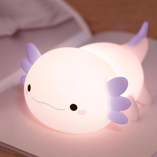 FAMIDUO Axolotl Nattlampa, söt lila Axolotl-lampa, LED-mjuk nattlampa för barnrum, livsmedelsklassad mjuk silikon-djursänglampa, bedårande rumsdekor, gitarr för mamma, flickor, bebis