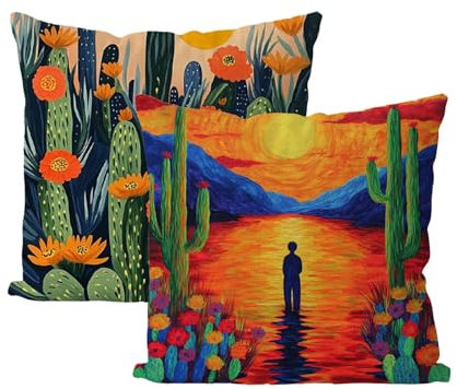 Exterieur Imperméable Housses de Coussin 70x70 Housse de Canapé Cactus Coussin Exterieur Taie Oreiller Lin Carré Coussins Décoratifs, Patio Jardin Decoration Maison Lot de 2 (Coucher Soleil) B4-367
