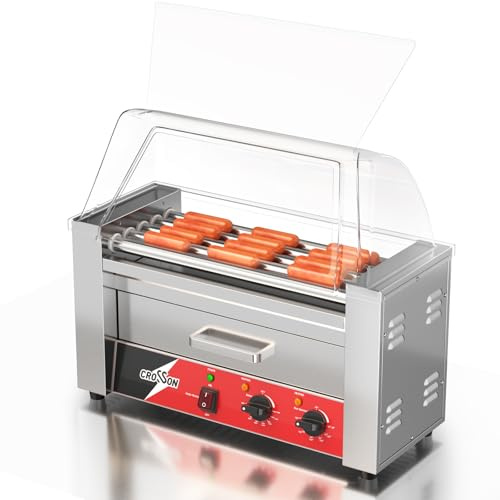 CROSSON Maquina Perritos Calientes 5 Rollos con Calentador de pan,Hot Dog Maquina Comercial de Acero Inoxidable con Control de Temperatura &Tapa Transparente,1050W