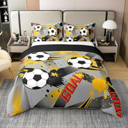 Loussiesd Set di biancheria da letto per bambini e bambine, motivo geometrico a tema calcio, 100% cotone, 100% cotone, colore: giallo