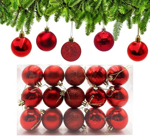 15tlg Weihnachtskugeln Rot ∅ 6cm, Christbaumkugeln Rot Plastik, Weihnachtsbaumschmuck mit Aufhängeband, Christbaumschmuck für Drinnen & Draußen (Matt/Glänzend/Glitzernd/Reflektierend)
