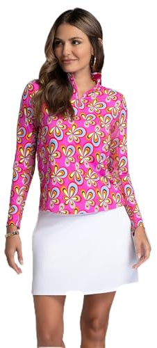 IBKUL Athleisure Wear Sun Protective UPF 50+ Icefil Cooling Arya Print Long Sleeve Mock Neck Top - 10109 Hot Pink Multi/Arya/M