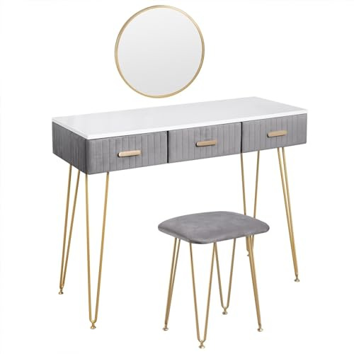 Tavolo Trucco Crea un set da toeletta con specchio arrotondato, toletta con 3 cassetti scorrevoli, tavolo da trucco moderno for camera da letto e set di sgabelli imbottiti for donne e ragazze Toilette