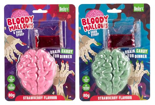 Becky’s Bloody Brains 2er Pack – je 80g Marshmallow Gehirne in Rosa & Grün mit blutroter Erdbeer-Sweet&Sour-Sauce – Ideal für Gruselpartys, als Horror-Deko, Mitbringsel & Spaßgeschenk