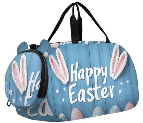 Quteprint Sac de sport pour enfants pour garçons et filles – Oreilles de lapin de Pâques, œufs en bois 100 % polyester, sac de sport avec compartiment séparé pour chaussures, bandoulière réglable, sac