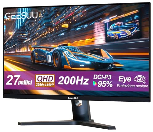 GEESUU Monitor Gaming 27 Pulgadas, PC Pantalla Ordenador 200Hz, QHD 1440p, IPS, 95% DCI-P3, Baja Luz Azul, Azul Claro, Parpadeos, HDMI 2.1 & DP 1.4