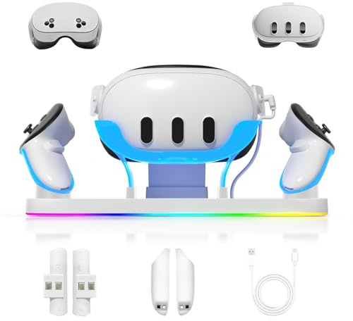 Judkoir Charging Dock for Meta Quest3/3S, 18W Fast Charger with 2 Rechargeable Batteries, 8 LED Lighting Modes, USB-C Charging Accessory for Oculus Meta Quest 3/3S, Support Elite/Battery Head Strap