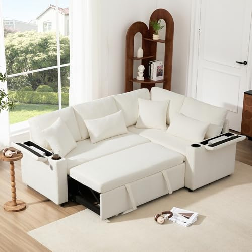 Canapé d'angle gigogne en L avec rangement, canapé 4 places avec porte-gobelets, port de chargement USB, rangement d'accoudoir et quatre coussins, adapté aux salons et aux cinémas maison, beige
