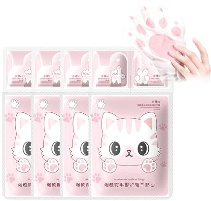 Katzenpfoten Handmaske für sehr trockene Hände -Muster - Handpflege Set mit Peeling Handschuhen - Feuchtigkeitsspendende Handcreme für empfindliche und rissige Hände - Über Nacht Pflege (4 Paar)